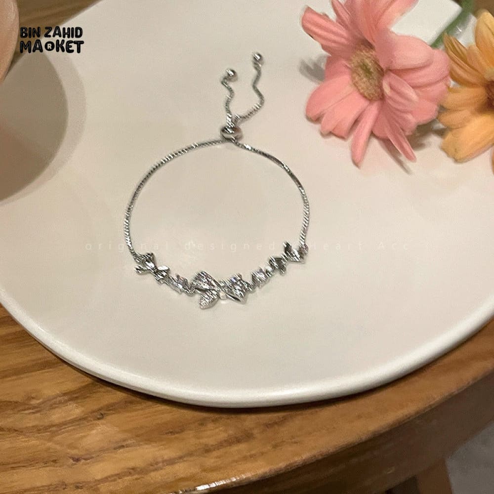 SHINY PINK CRYSTAL CHERRY BLOSSOM BRACELET MOON BOW FLOWERS ZIRCON GIRL JEWELRY - Image 3