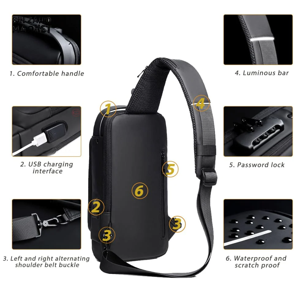 SPORT SLING BAG WITH USB CHARGING, PASSWORD LOCK, LARGE CAPACITY, WATER RESISTANT, ANTI-THEFT CROSSBODY BAG - Image 11